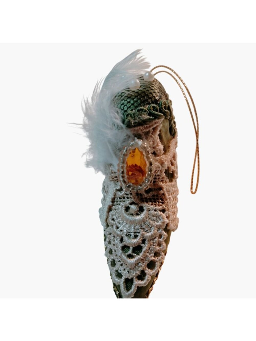 Victorian Style Shoe Ornament Lace Feather Pearl Jeweled Green Gold - Picture 3 of 11